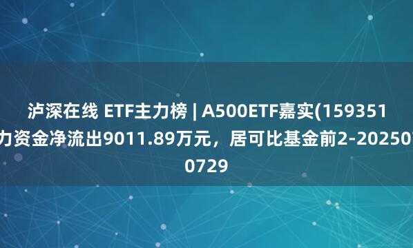 泸深在线 ETF主力榜 | A500ETF嘉实(159351)主力资金净流出9011.89万元，居可比基金前2-20250729